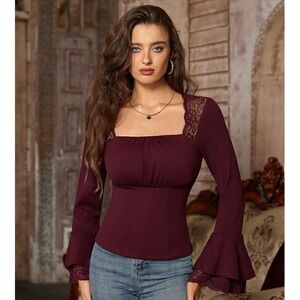 Scarlet Darkness Top Large Victorian Lace Patchwork Burgundy Bell Sleeve Gothic